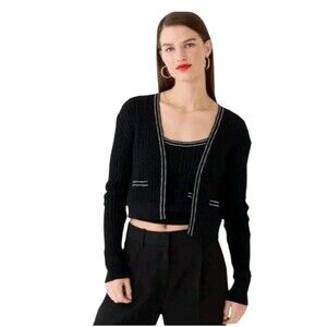 J. Crew Cropped Cable Knit Cardigan Sweater Tipped Black With White Trim XL J8.3